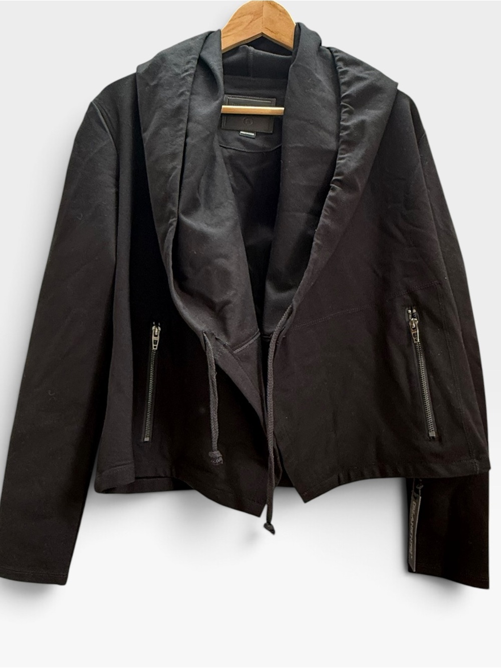 BlankNYC Black Hooded Drape Front Jacket Zip Pockets S NWT